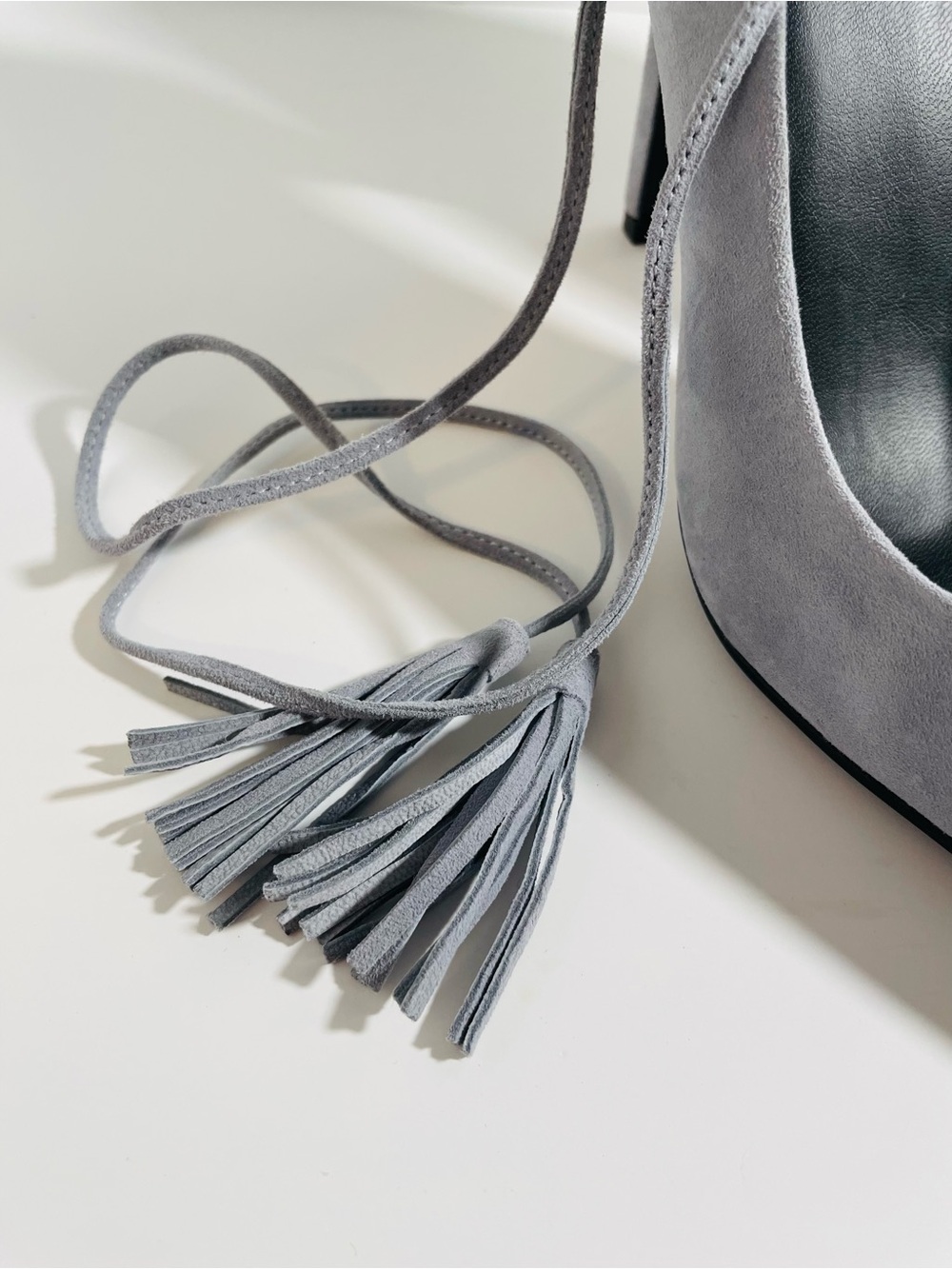 GUESS Suede Tassel Ankle-Tie Heels - Light Gray - Picture 6 of 15